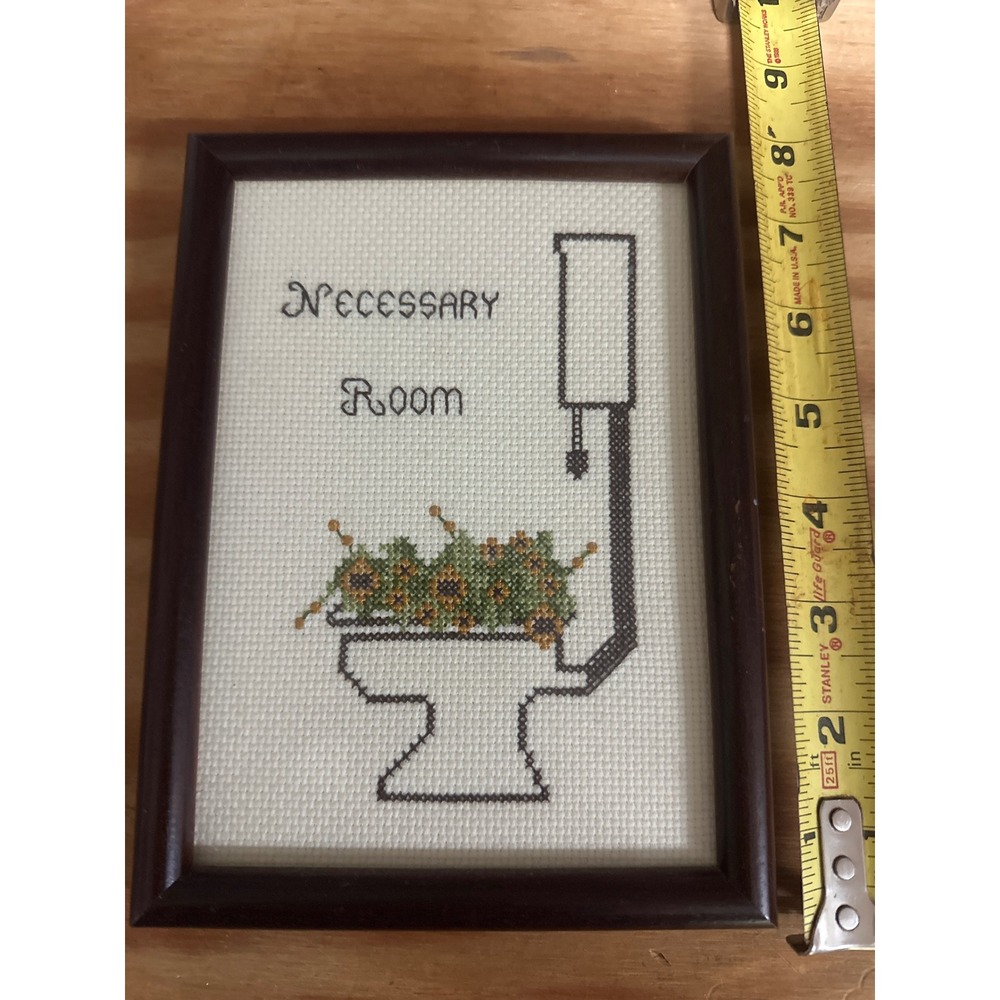 Handmade Vintage Necessary Room Cross Stitch Framed Bathroom Wall Art 6x8 Brown
